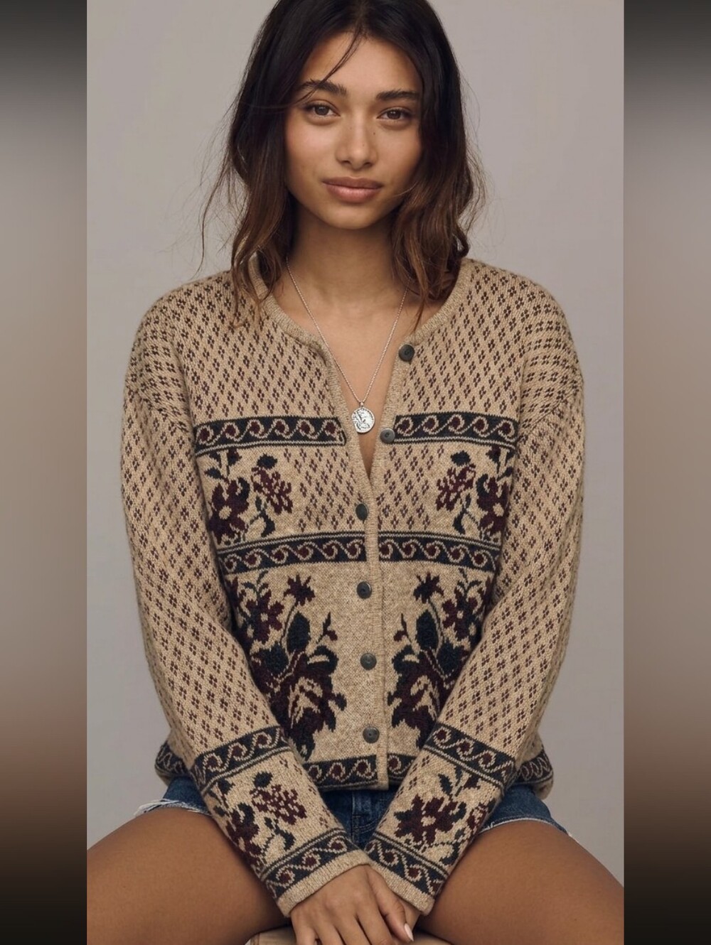 Vintage granny Style Knit Cardigan, Size Medium or Small Earth Tones, Floral